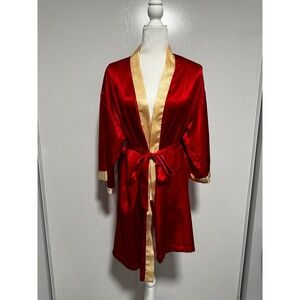 Victorias Secret‎ Red Satin Robe Gold Trim Tie Waist Kimono Style Medium